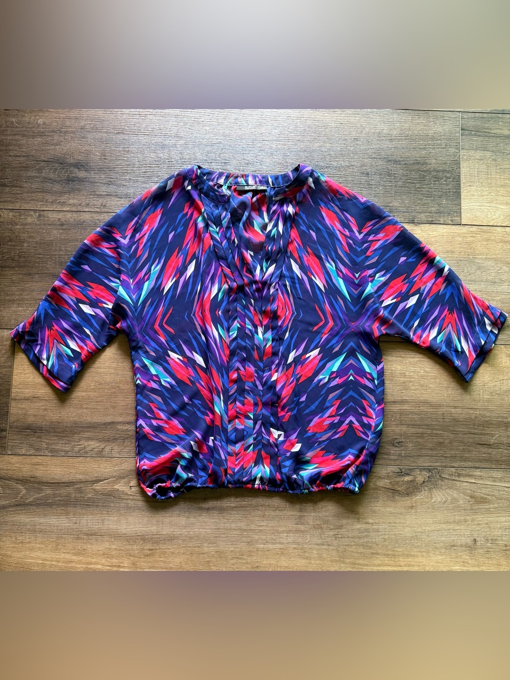 Bold Geometric Print Blouse in Navy, Red & Teal